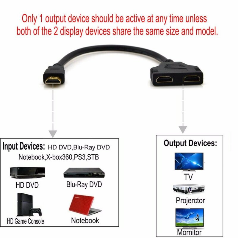 RYRA مقسم الوصلات البينية متعددة الوسائط وعالية الوضوح (HDMI) كابل محول ثنائي المنفذ Y الفاصل 1 في 2 خارج HDMI ذكر إلى HDMI أنثى 1 إلى 2 طريقة ل HDMI HD LED تلفاز LCD Ps3