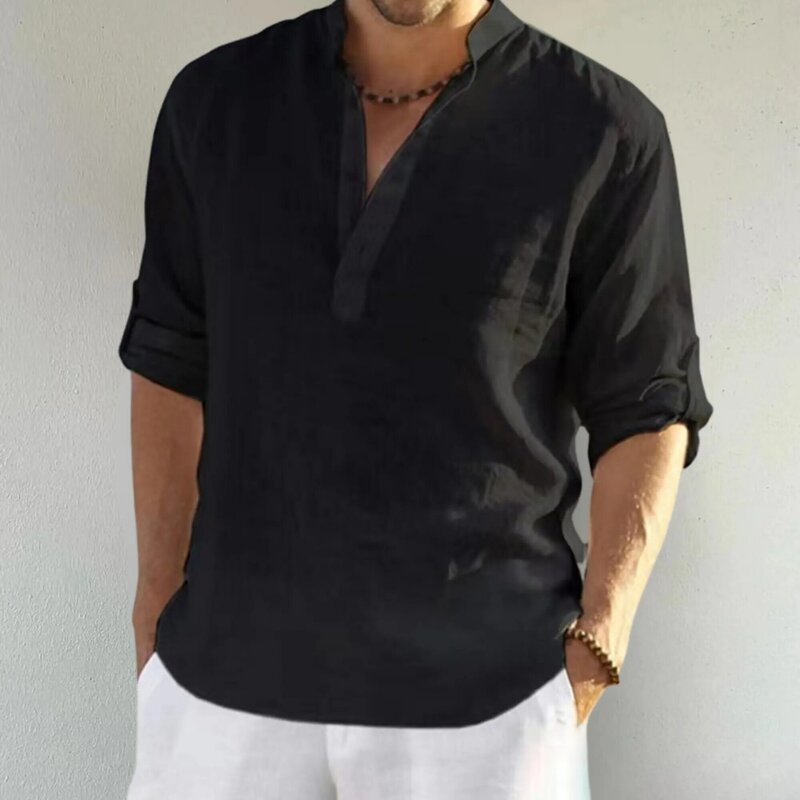 Camisa holgada informal para hombre, Camisa de algodón de manga larga con cuello levantado, Color sólido, a la moda, ropa de otoño, 2023