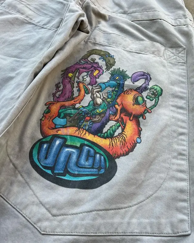 Summer JNCO Alien Monster Comic Pattern Printed Jeans Men's New White Oversized Pocket Overalls Skateboard Culture Trousers