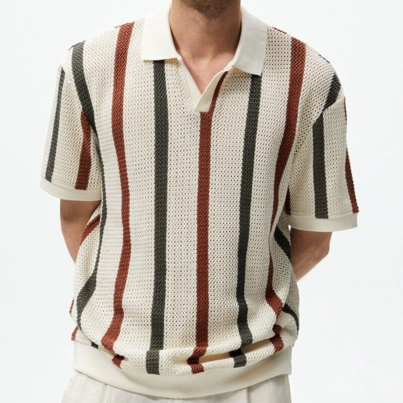 Camisa polo listrada de malha manga curta, agulha grossa, lã contrastante, casual, estilo europeu e americano, verão, 2024