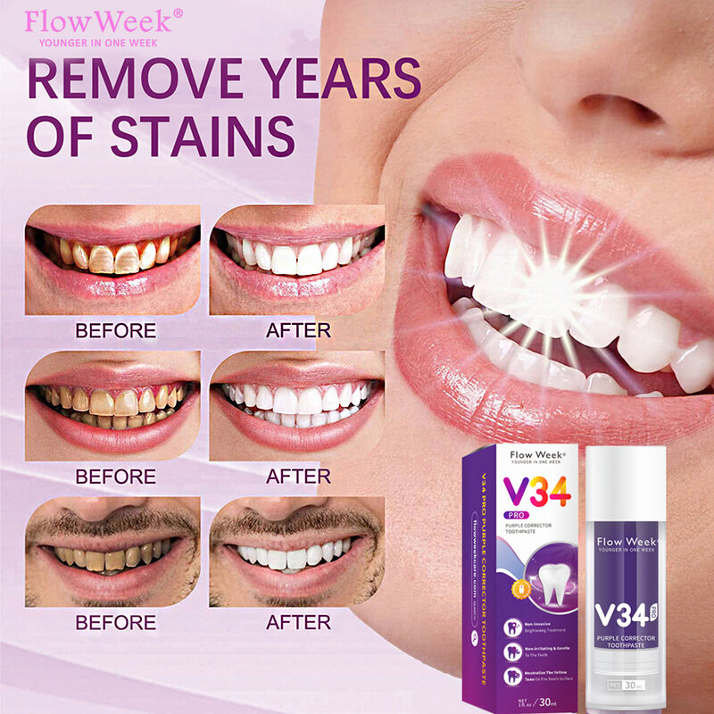 FlowWeek pasta de dientes púrpura, blanquea los dientes, elimina las manchas de humo y café, V34