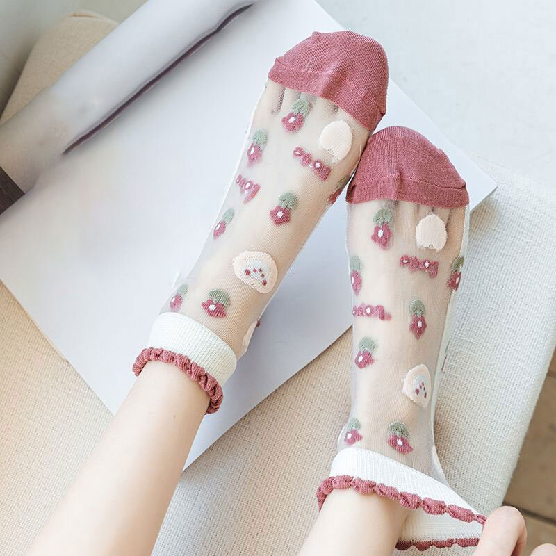 5 Pairs Thin Women Summer Cute Cartoon Socks Set Cat Bear Floral Animal Female Kawaii Transparent Silk Socks For Women
