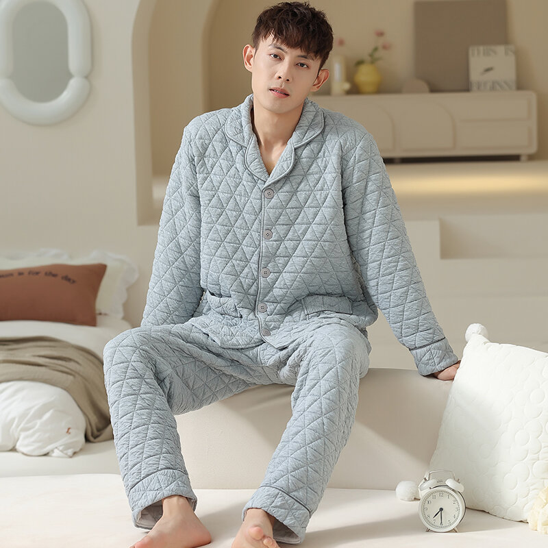 Pijamas de manga larga para hombre, traje acolchado de 3 capas, algodón laminado de aire, servicio a domicilio, cálido, yardas grandes, Delgado, Otoño e Invierno