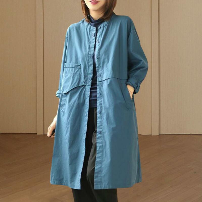 Jaqueta de capa aberta feminina, trench coat, plus size, ajuste solto, monocromático, bolsos, elegante, outono