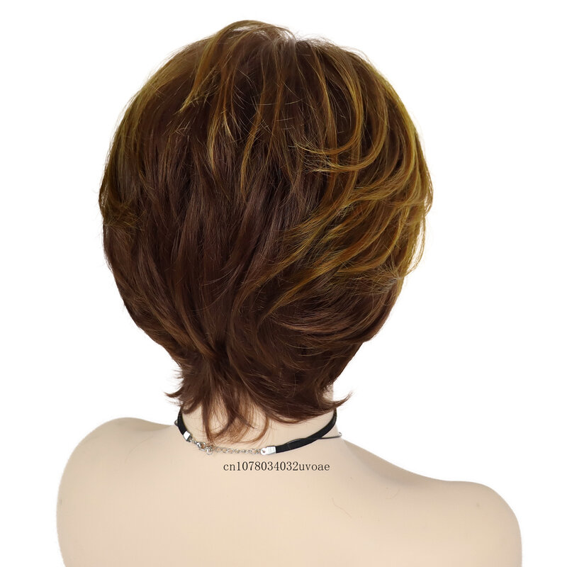 Синтетический женский короткий парик с вырезами фаллоимитатора, смешанные коричневые волосы, естественная искусственная челка, ежедневный стильный искусственный парик для косплея, Хэллоуин