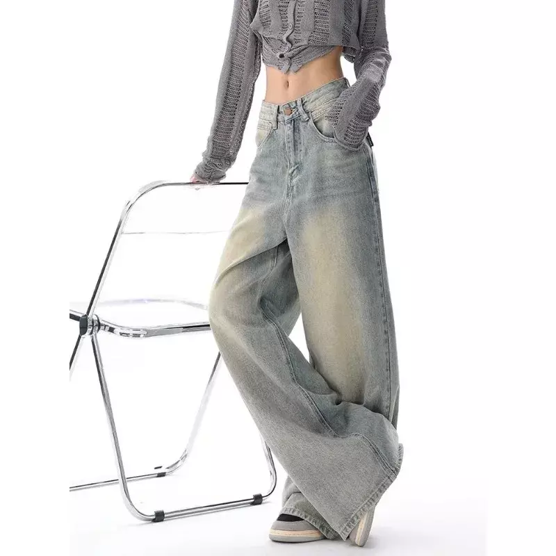 Deeptown Y2k jins wanita Vintage, celana Denim longgar ukuran besar, celana panjang kaki lebar model Korea, celana Streetwear wanita