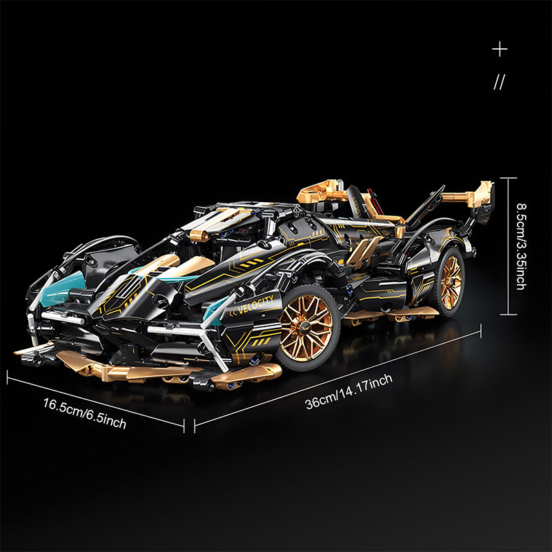2024 hitam V12 Block Roadster RC Tech Racer 1:14DIY Roadster bangunan blok perakitan mainan mobil hadiah ulang tahun (1280 + granule)
