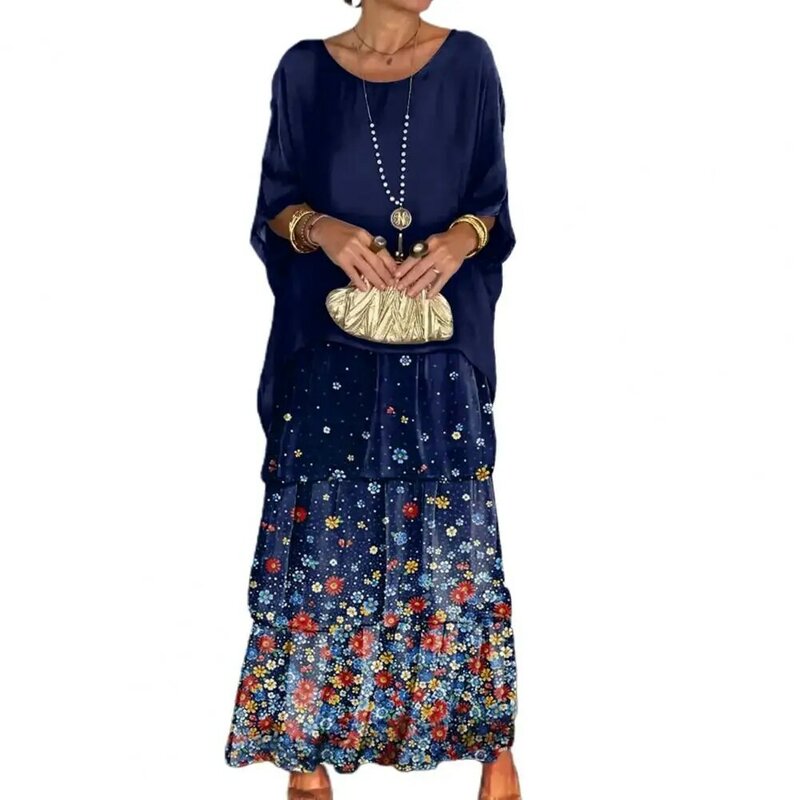Женское платье, многослойное винтажное платье с круглым вырезом и цветочным принтом бабочки, Свободный пуловер из двух частей с рукавом до локтя, женское платье