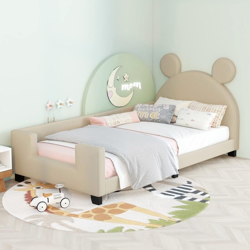 Cadre de lit double en bois pour enfants avec tête de lit d'oreille de souris, pas besoin de boîte à ressort, cadre de lit à plateforme basse