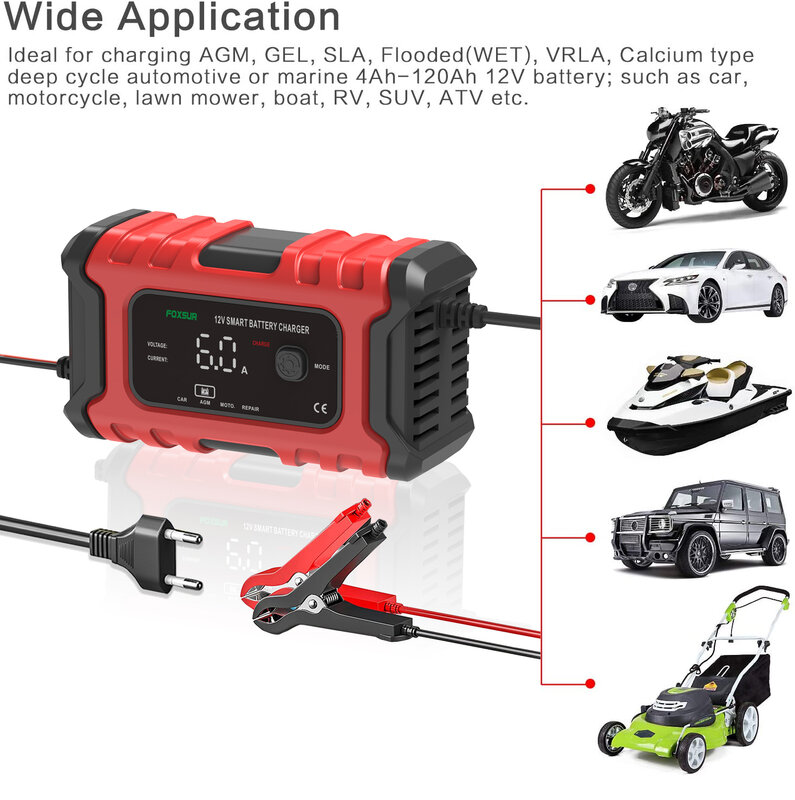 FOXSUR – chargeur de batterie intelligent 12V 6a, pour voiture, moto, SUV, camping-Car, ramassage de tondeuse à gazon, bateau, vtt, automobile, GEL de vieillissement, réparation au plomb