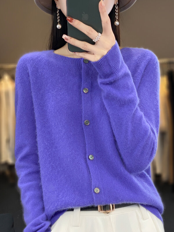 Suéteres de lana merina de manga larga para mujer, cárdigan de Cachemira, Tops de punto con cuello redondo, Tops básicos de moda, primavera y otoño, 100%