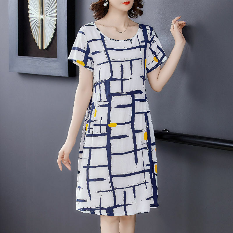 패션 오-넥 인쇄 접는 불규칙한 줄무늬 짧은 소매 드레스 여성 의류 2024 여름 새로운 느슨한 통근 미디 드레스