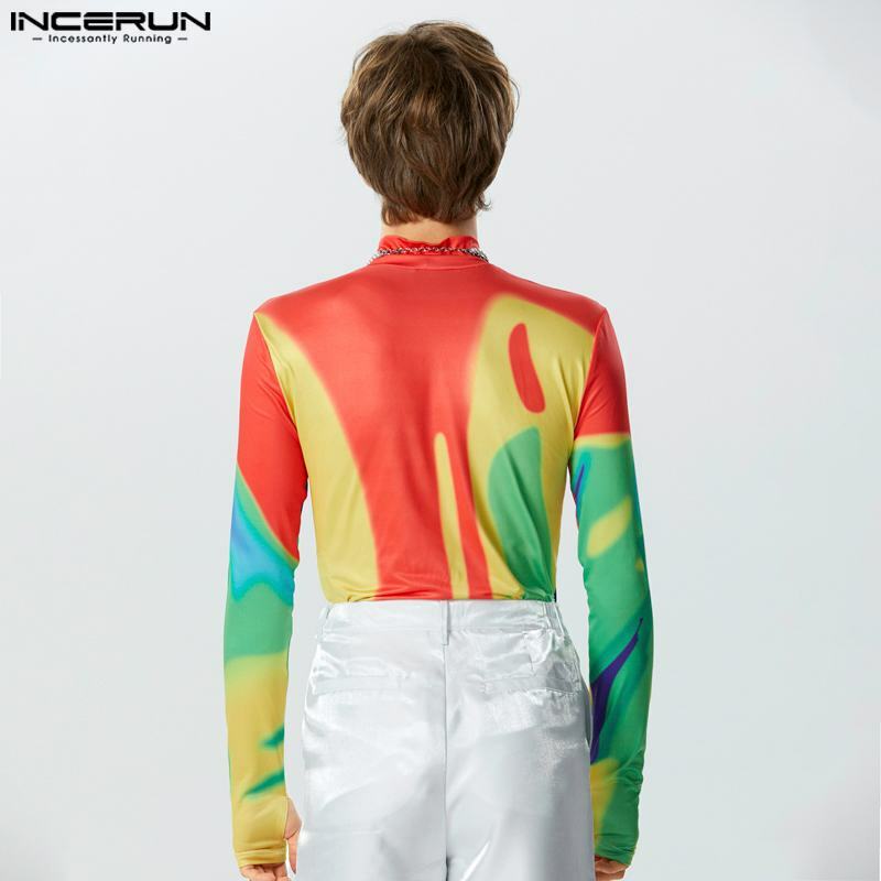 INCERUN Sexy Men's Jumpsuits Colorful Tie Dye Print Rompers Stylish Half High Neck Thimble Long Sleeve Triangle Bodysuits S-5XL