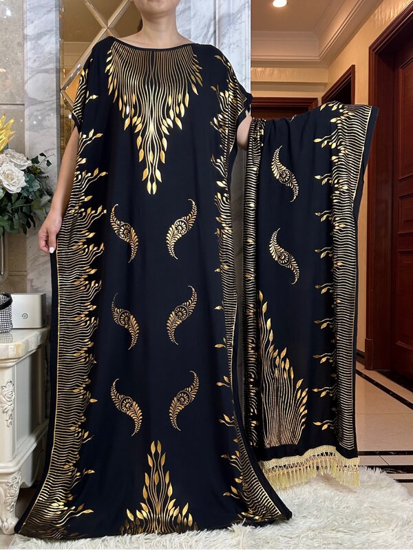 2023 여름 반팔 드레스 코튼 골드 스탬핑 부부 맥시 이슬람 여성 드레스, 큰 스카프가 달린 아프리카 루즈 의류