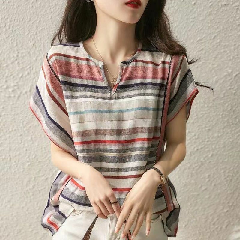 Fashion V-Neck Casual Color Striped Batwing Sleeve Blouses Women's Clothing 2024 Summer New Loose All-match Tops Commuter Shirts