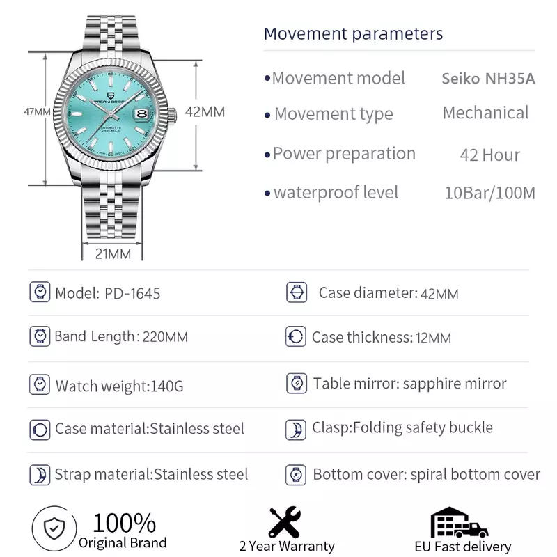 PAGANI DESIGN 남성용 자동 시계, 비즈니스 기계식 손목 시계, 쥬빌리 팔찌, NH35A 무브먼트, 100M 방수, PD-1645 V2