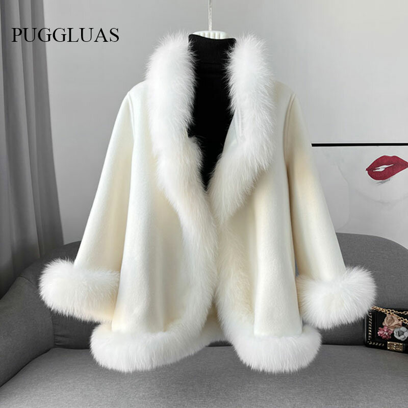 2024 Winter Solid Fox Fur Collar Poncho Coat Luxury Warm Women Cashmere Jacket Cute Thick Female Lace up Parkas Wollen Overcoat