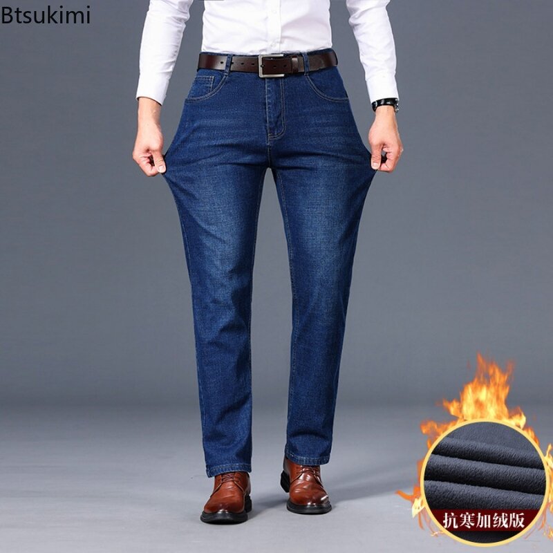 Celana Jeans Denim hangat pria, Jeans kantor bisnis lurus regang, celana hangat bulu tebal musim gugur dan dingin 2024