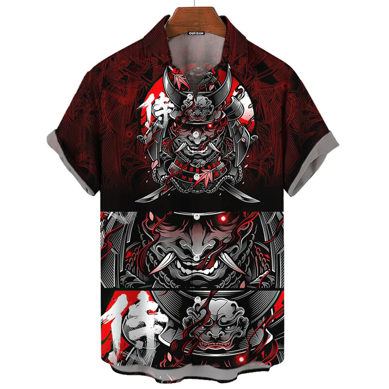 Camisa de samurái japonés para hombre, Tops de manga corta con estampado de estilo japonés 3D, camisa Retro informal, ropa Vintage de gran tamaño