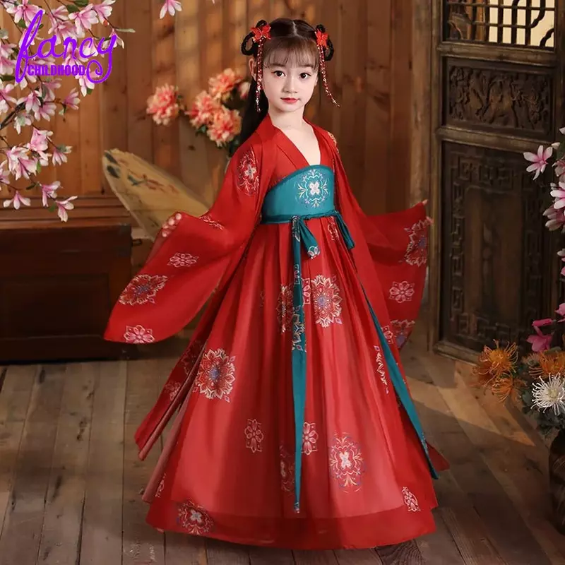 Gaun tradisional anak-anak kuno pakaian Cina kostum anak perempuan gaun Hanfu kinerja tari rakyat untuk anak-anak