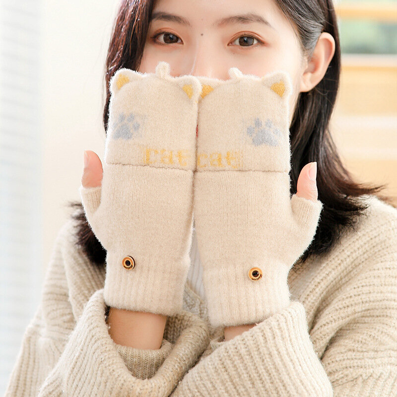 Guanti Flip mezze dita guanti invernali per bambini guanti lavorati a maglia in peluche con coniglietto caldo antivento per bambini 5-12Y ragazzi ragazze