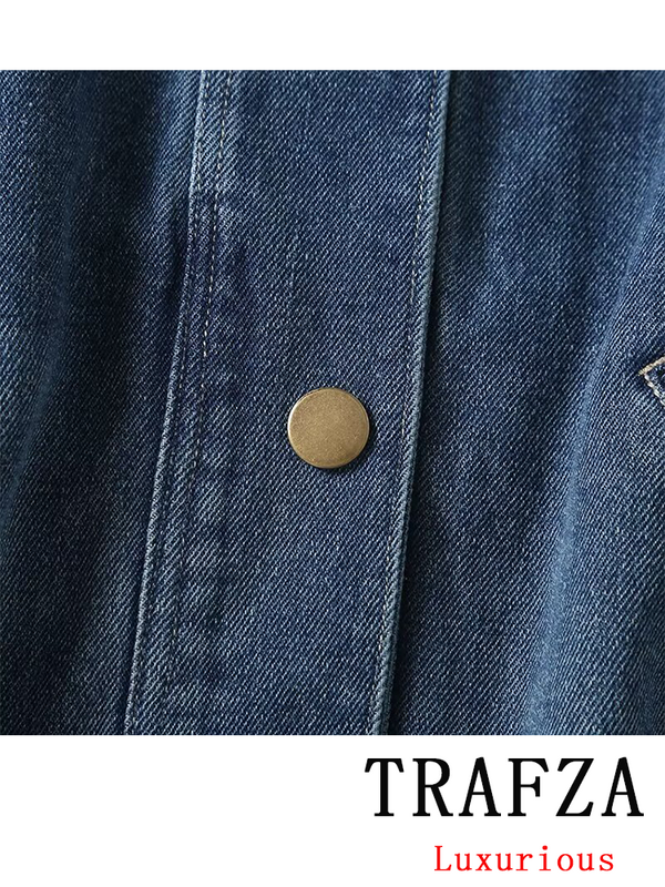 TRAFZA-Jaqueta jeans de manga comprida feminina, vintage, casual, solta, curta, o pescoço, blusa elegante, casaco de férias, nova moda, 2024