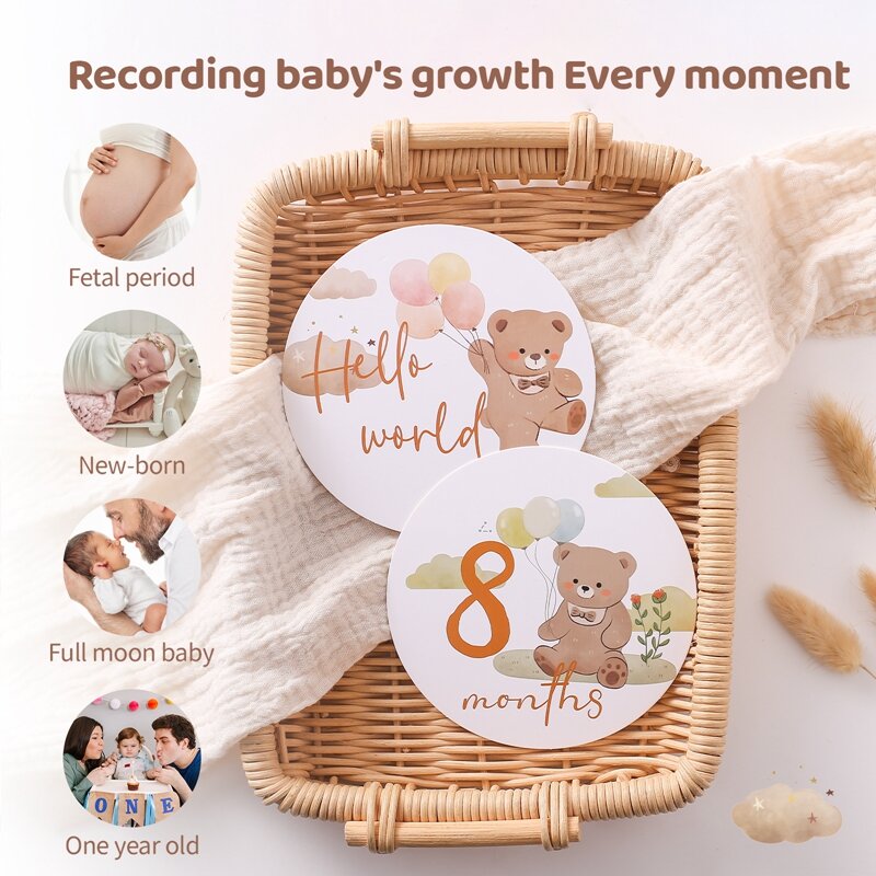 Wooden Baby Monthly Milestone Photo Cards Double Sided Photo Prop Milestone Discs Baby And Pregnancy Growth Announcement Cards