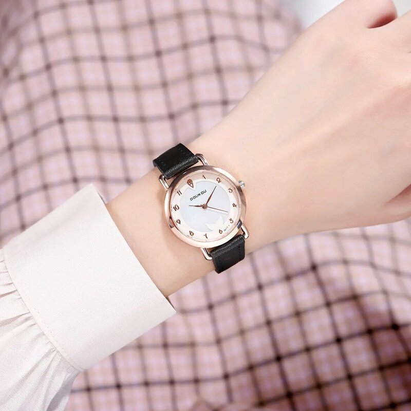 Korean Rainbow Shell Face Girls Watch Female Middle School Students Simple and Chic Quartz Leather Watch Birthday Gift