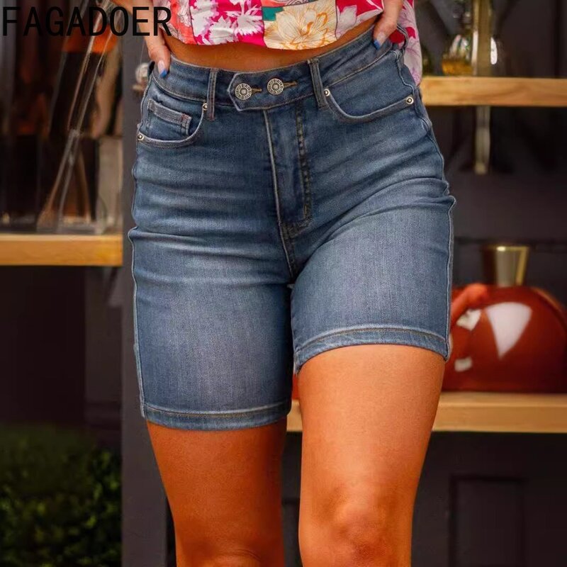 Fagadoer Sommer neue Denim Skinny Shorts Frauen hohe Taille Knopf Tasche Jean Shorts lässige weibliche Basis Einfachheit Cowboy Bottoms