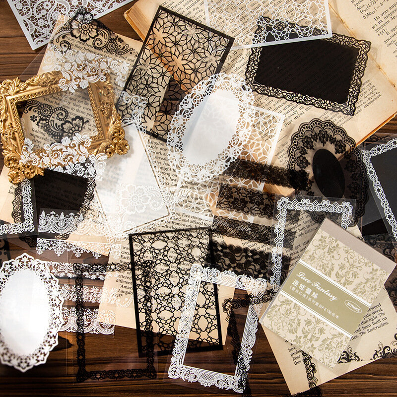 Pegatinas de plástico PET para decoración de álbumes de recortes, 30 hojas de papel, patrón de encaje, Fondo de paisajismo ovalado Vintage, 135x80MM