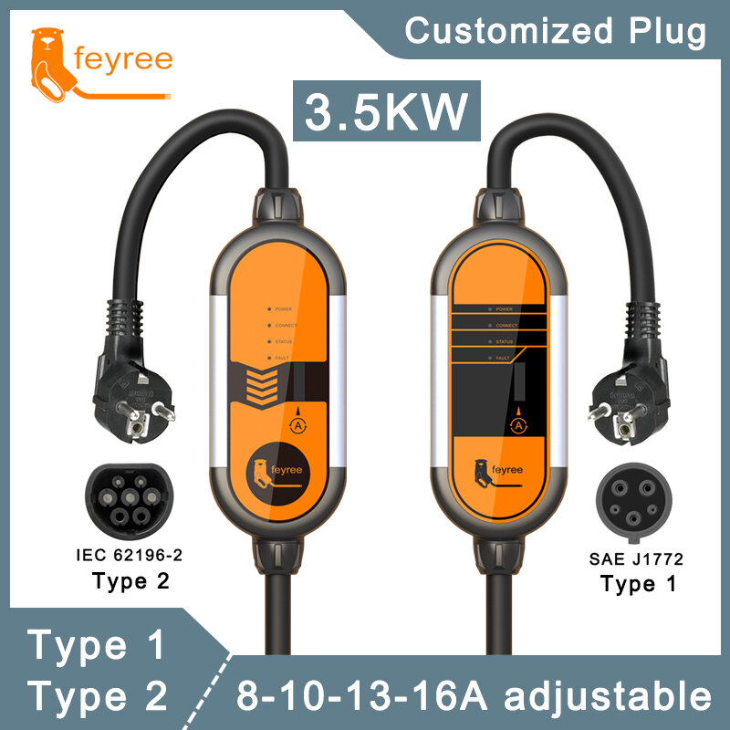 EV pengisi daya portabel tipe 2 3.5KW, kabel pengisian daya arus dapat disesuaikan 8/10/13/16A tipe 1 j1772 Schuko Plug Wallbox untuk mobil listrik