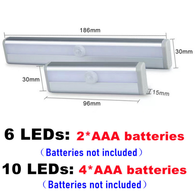 Luz LED nocturna para debajo del gabinete, fuente de alimentación con batería, Sensor de movimiento PIR, lámpara de armario, escalera, luces nocturnas