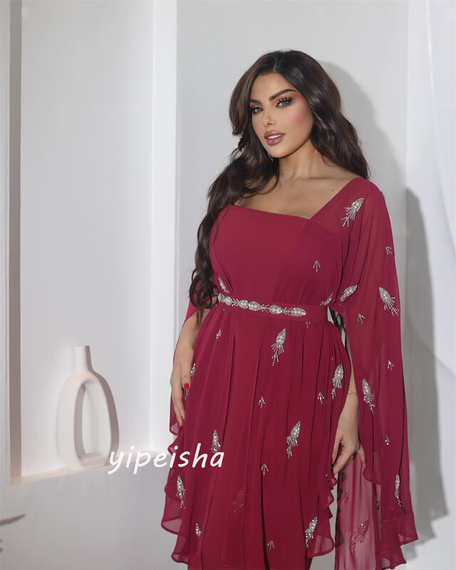Prom Dress Saudi Arabia     Satin Beading Sashes  A-line Square Neck Bespoke Occasion Gown Midi es