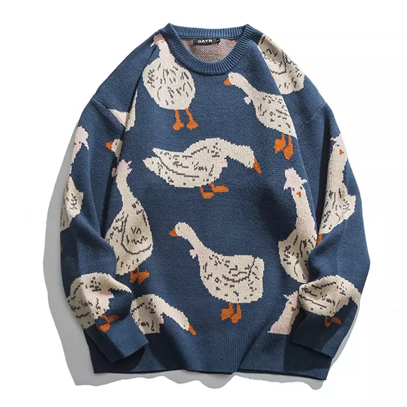 Японский вязаный свитер, Мужской пуловер с мультяшным принтом утки, гуся, Харадзюку, повседневный Топ оверсайз с круглым вырезом, уличная одежда унисекс, осень