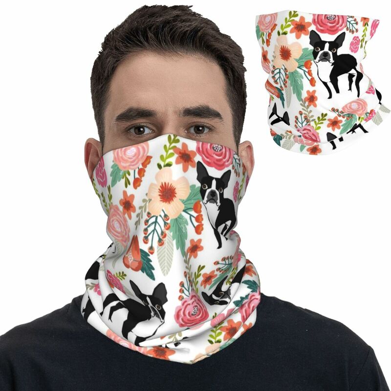 Boston Terrier Floral Dog Bandana Neck Cover Printed Balaclavas Magic Scarf Multifunctional Headwear for Men Women Adult Winter