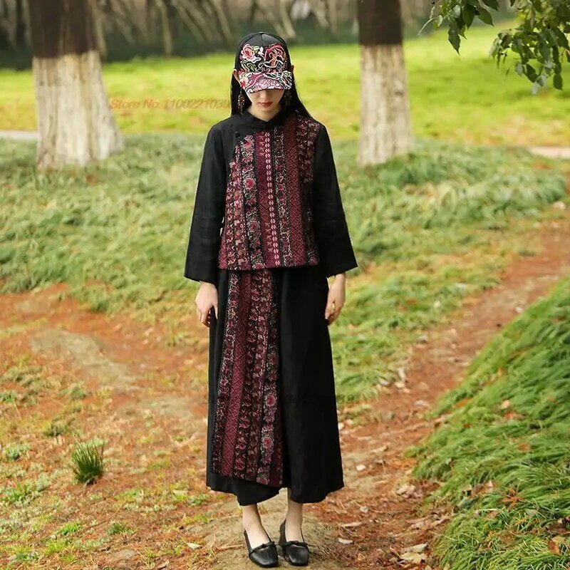 Calça vintage tradicional chinesa, bordado étnico de flores, SixPants, cintura elástica, linho nacional de algodão, calças soltas, 2024