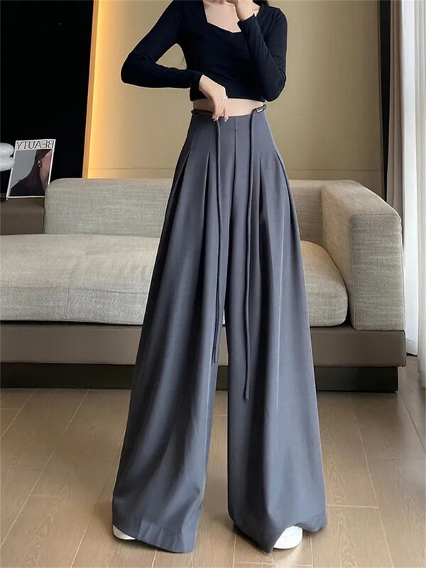 กางเกงเอวสูงสีดำสำหรับผู้หญิงกางเกงขาม้าสไตล์เกาหลีกางเกงใส่ทำงานแฟชั่นชุดสูทสีเทาทรงหลวมแนวสตรีท