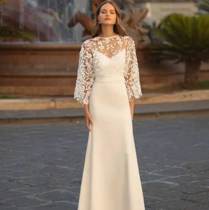 Zakochać się w sukni ślubnej z okrągłym dekoltem z długim rękawem kwiatowe aplikacje sukni ślubnej do podłogi nowe damskie Vestidos De Novia 2024