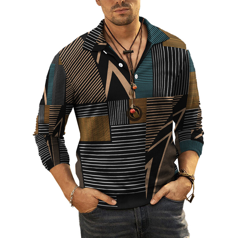 Lapel Neck Athletic Pullover Blouse  Men Print Long Sleeve ButtonDown TShirts  Casual and Sporty  Polyester Fabric