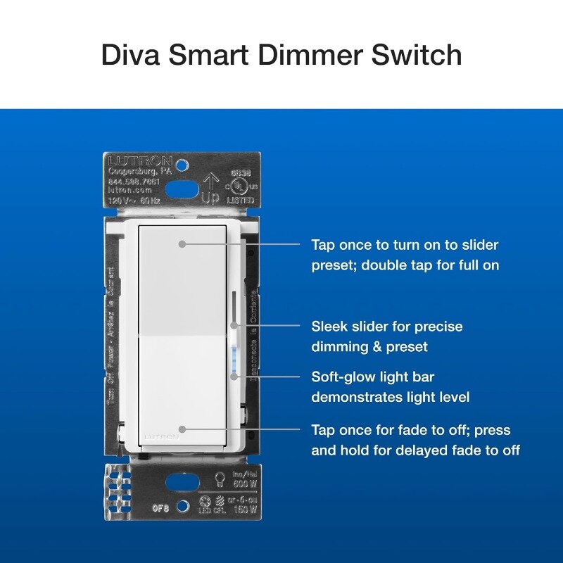Diva Smart Dimmer Switch Kit de 3 vías con Pico Paddle, pegatinas remotas y etiqueta de cable, Compatible con Alexa, Apple Home, nuevo