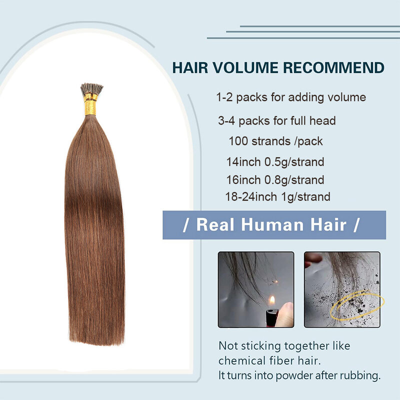 Straight Microlink I Tip Hair Extensions Remy Human Hair Extensions 100Strands/Pack Chocolate Brown #4 Virgin Micro Loop Hair