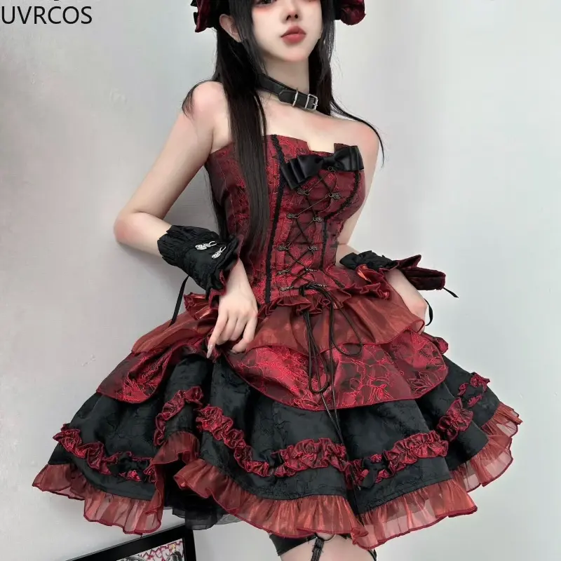 Abito Lolita gotico vittoriano donna Harajuku Y2k abiti da sera con fiocco in pizzo abito da principessa con fasciatura sottile in stile Punk giapponese