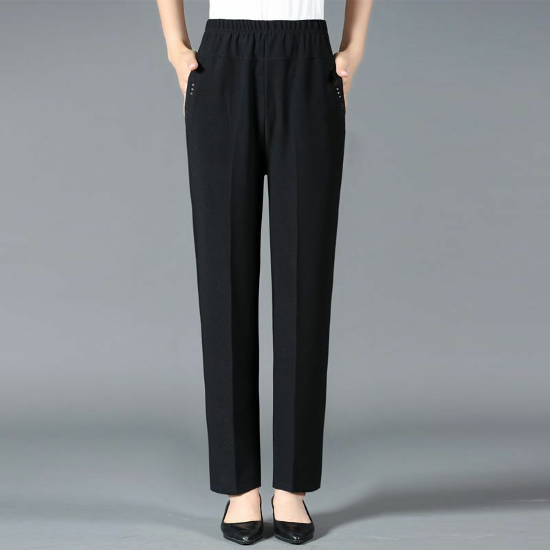 Celana lurus wanita, celana panjang pinggang tinggi longgar komuter kantong elastis mode musim semi musim panas