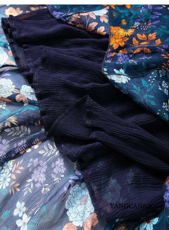 Falda Floral de doble capa para mujer, cintura elástica de seda de morera 100% Natural, con dobladillo grande, literaria y elegante, a la moda