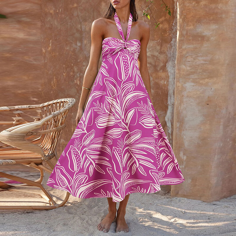Женское платье с цветочным принтом, элегантное Плиссированное облегающее платье-трапеция в богемном стиле с подвесным воротником, лето 2024