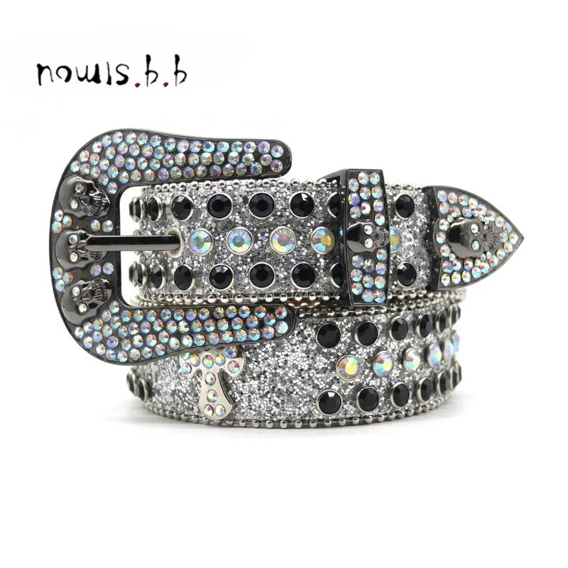 Sabuk berlian imitasi Barat tengkorak Goth gaya Pria Wanita mode kasual Puck kristal berlian ikat pinggang Aksesori Y2k