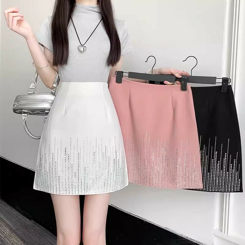 Korean Women's Sweet Mini Skirt Luxury Fashion Diamonds High Waist Short Skirt Summer Female Solid Color Office Short Skirt