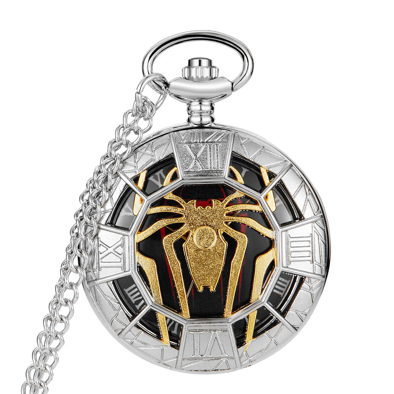 Top Gold Hollow Spider Design Quartz Pocket Watch Silver Half Hunter Pendant Necklace Clock Best Gifts Boys Men Women New 2023