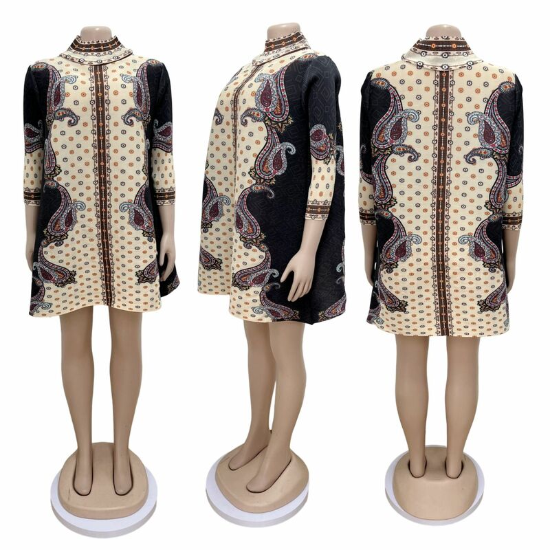 Europe and The United States 2023 New Print Pleated African Women's Commuter Dress Women 053#