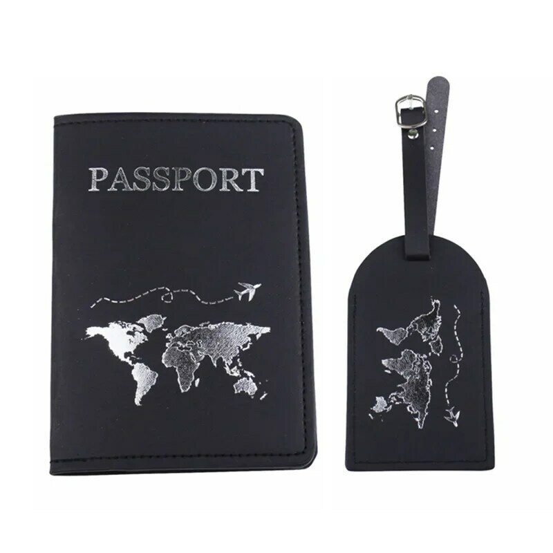 Sarung dompet bagasi, penutup paspor kulit hitam putih, pemegang kartu kredit dan paspor